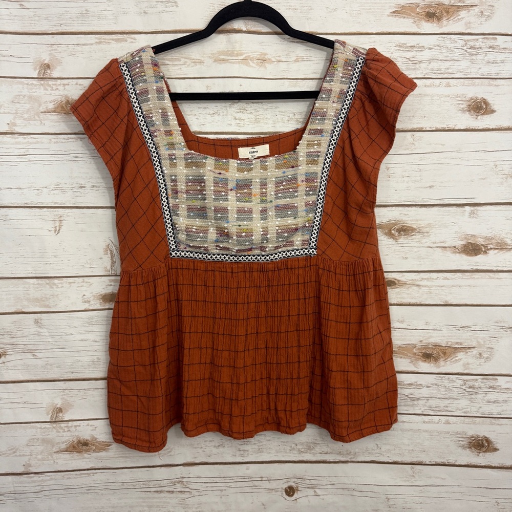 Entro Orange Embroidered Cotton Gauze Square Neck Boho Blouse